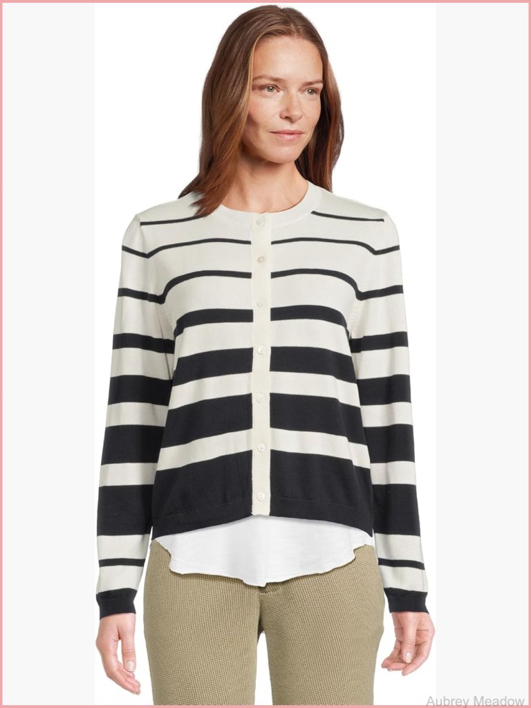 Button Front Varigated Stripe Cardigan Long Sleeve Classic Fit
